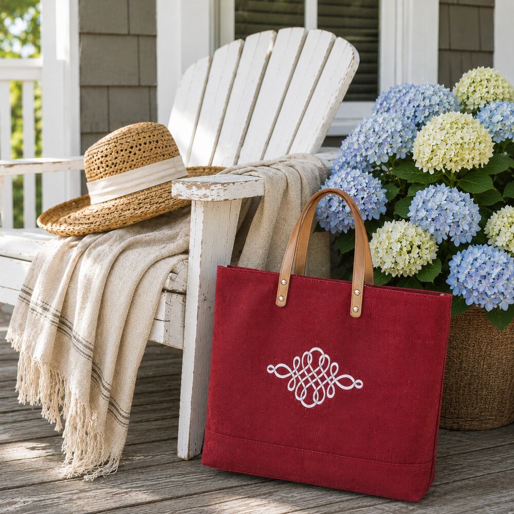 Ballard Large Cranberry Red Jute Tote Leather Handles Coastal Market Bag